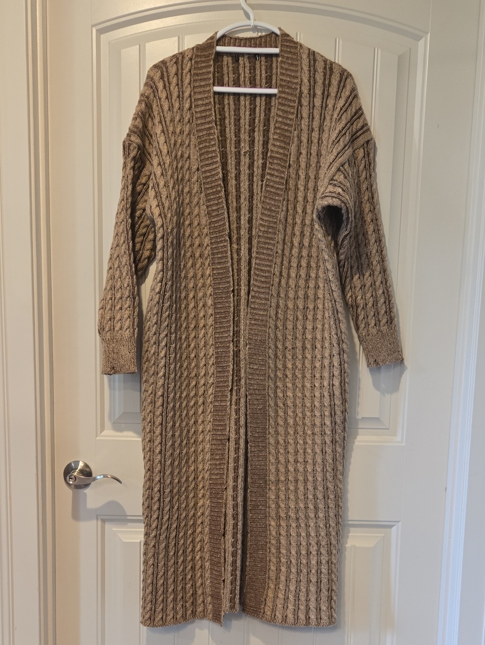 Long Open-Front Cable Knit Sweater Cardigan in Brown - Missing Tag